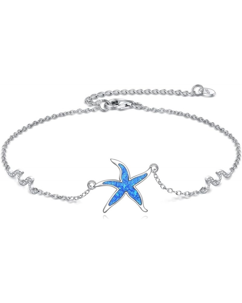 Starfish Wave Anklet for Women 925 Sterling Silver Blue Opal Adjustable Ankle Bracelets Ocean Beach Jewelry for Girls blue op...