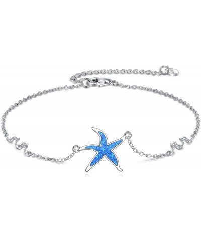 Starfish Wave Anklet for Women 925 Sterling Silver Blue Opal Adjustable Ankle Bracelets Ocean Beach Jewelry for Girls blue op...