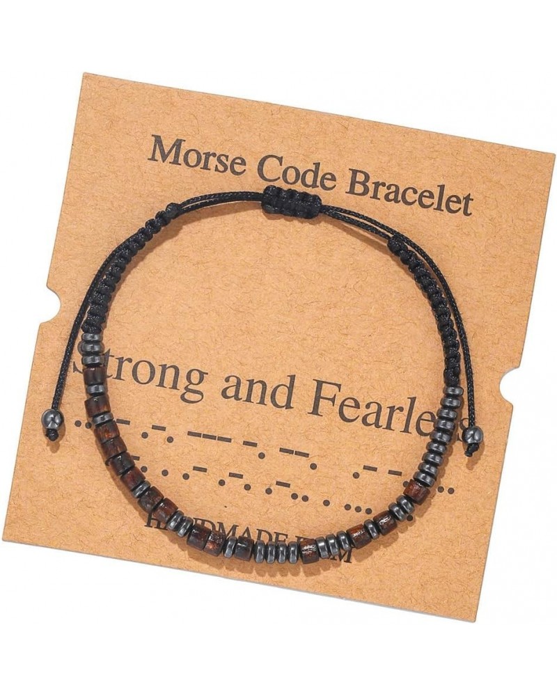 Inspirational Morse Code Wood Hematite Bead Woven Braded Rope Bracelet with Card for Men Women Unisex Strong and Fearless $9....