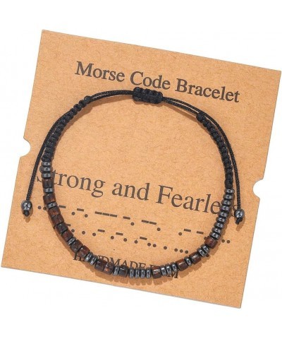 Inspirational Morse Code Wood Hematite Bead Woven Braded Rope Bracelet with Card for Men Women Unisex Strong and Fearless $9....