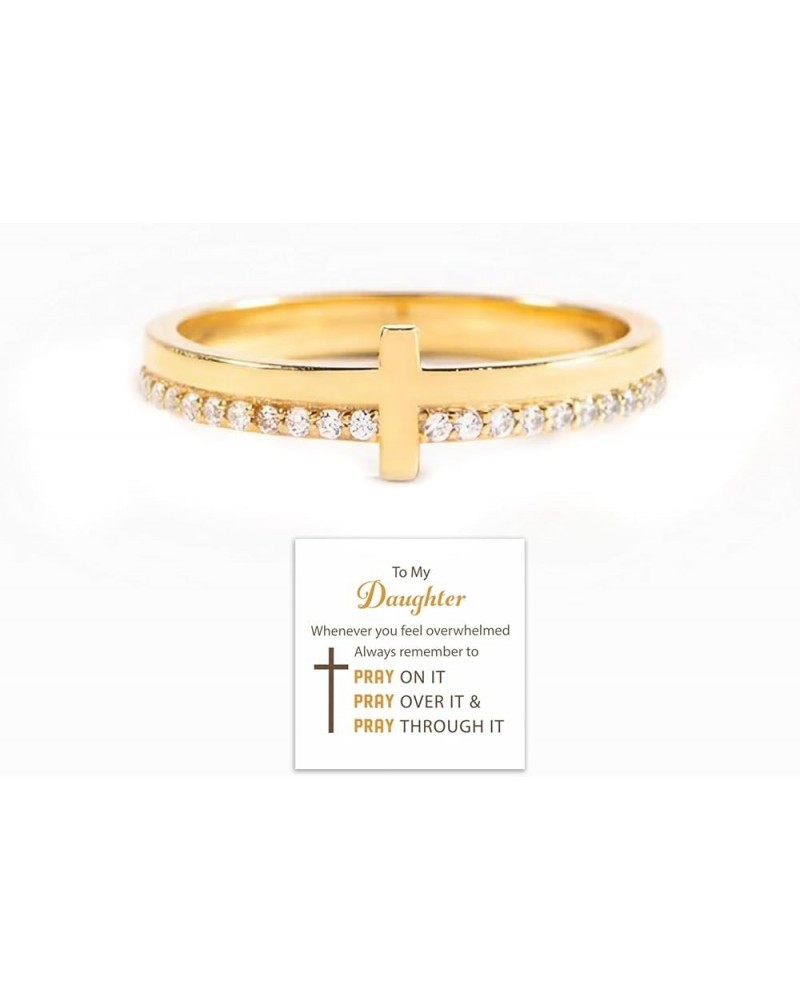 Never Quit Golden Cross Ring, To My Daughter Pray On It Golden Cross Ring, Stackable Zircon Motivational Cross Ring, Pray Chr...