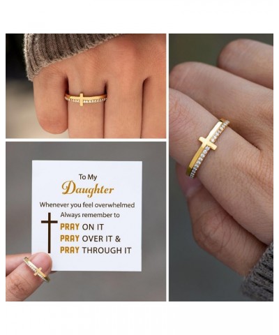 Never Quit Golden Cross Ring, To My Daughter Pray On It Golden Cross Ring, Stackable Zircon Motivational Cross Ring, Pray Chr...