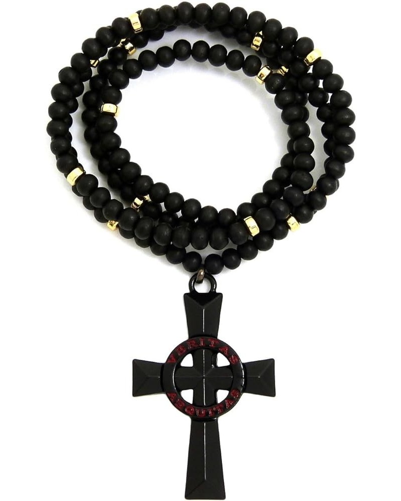 Veritas Aequitas Cross Pendant 6mm 30" Black Wooden Bead and Metal Disc Necklace Black/Gold-Tone Disc $13.43 Necklaces