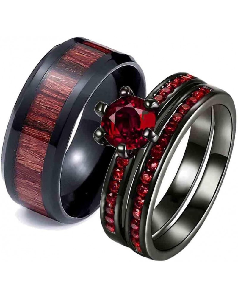 Couple Rings Black Plated Round cut Blue Cz Womens Wedding Ring Sets Stainless Steel Men Wedding Band Red Men size8 $9.40 Bra...