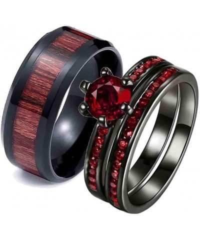 Couple Rings Black Plated Round cut Blue Cz Womens Wedding Ring Sets Stainless Steel Men Wedding Band Red Men size8 $9.40 Bra...