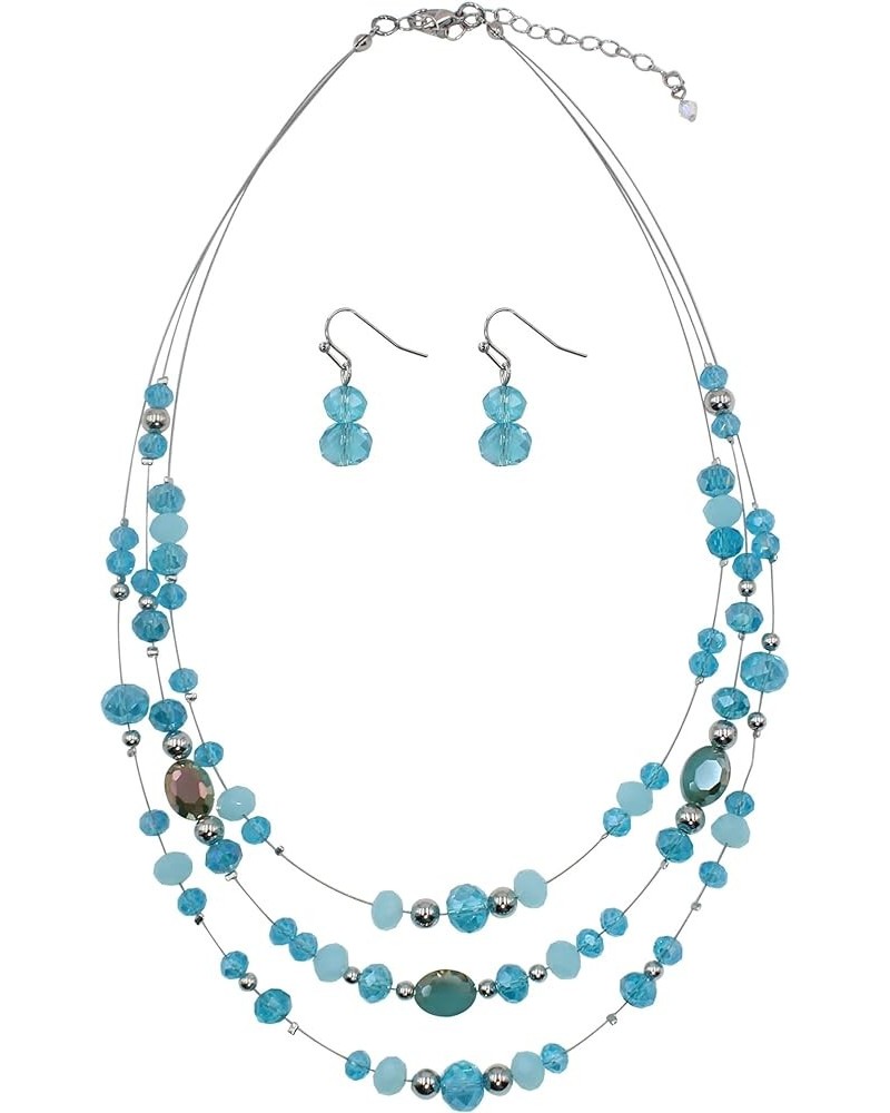 3 Layers Illusion Wire Glass Beaded Statement Necklace and Earring Set for Women Aquamarine $11.79 Jewelry Sets