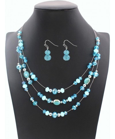 3 Layers Illusion Wire Glass Beaded Statement Necklace and Earring Set for Women Aquamarine $11.79 Jewelry Sets