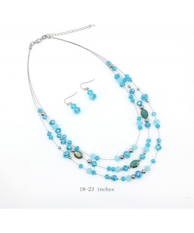 3 Layers Illusion Wire Glass Beaded Statement Necklace and Earring Set for Women Aquamarine $11.79 Jewelry Sets