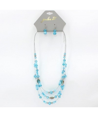 3 Layers Illusion Wire Glass Beaded Statement Necklace and Earring Set for Women Aquamarine $11.79 Jewelry Sets