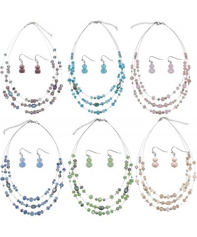 3 Layers Illusion Wire Glass Beaded Statement Necklace and Earring Set for Women Aquamarine $11.79 Jewelry Sets