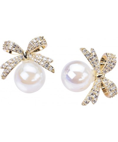 CZ Crystal Bow Head Pearl Earrings for Women Gold Plated Pure White Pearl Stud Earrings Girls Gift(AB White) $8.95 Earrings