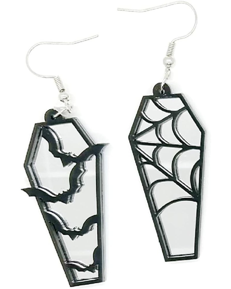 Asymmetric Acrylic Coffin Mirror Bat Spider Web Horror Casket Dangle Drop Hook Hoop Earrings for Women Girls Halloween sliver...