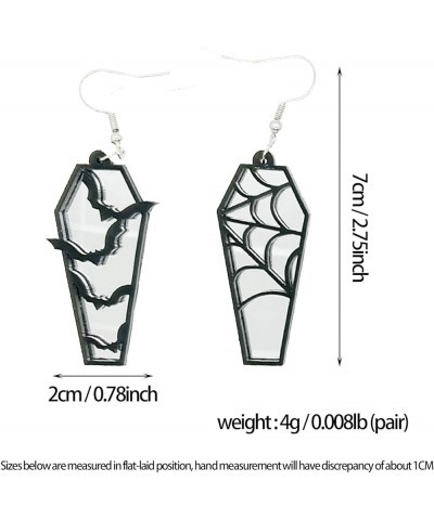 Asymmetric Acrylic Coffin Mirror Bat Spider Web Horror Casket Dangle Drop Hook Hoop Earrings for Women Girls Halloween sliver...