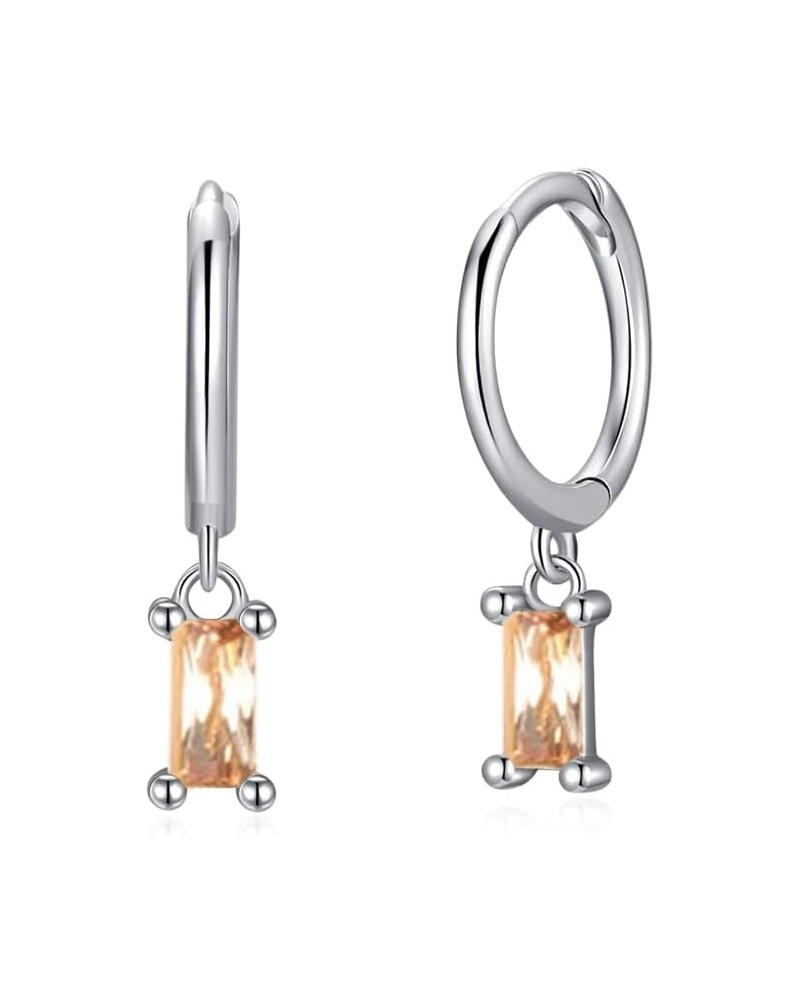 Dainty Dangle Hoop Earrings with Baguette CZ for Women Girls, Sterling Silver Small Huggie Earring with Cubic Zirconia Charm ...