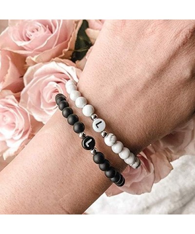 6mm Black Onyx and White Howlite Handmade Letter Beads Bracelets for Women Men Initial Bracelets Gifts for Girls (Couples Bra...