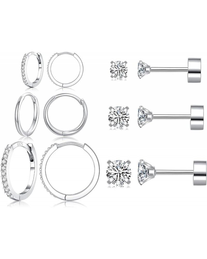 6 Pairs Sterling Silver Earrings Sets for Multiple Piercing Small Silver Huggie Hoop Earrings Flat Back Surgical Steel Tiny C...