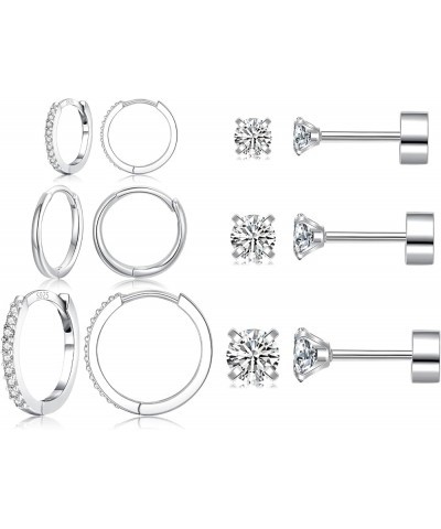 6 Pairs Sterling Silver Earrings Sets for Multiple Piercing Small Silver Huggie Hoop Earrings Flat Back Surgical Steel Tiny C...