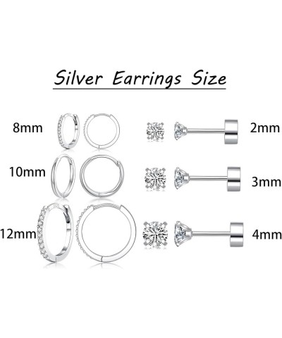 6 Pairs Sterling Silver Earrings Sets for Multiple Piercing Small Silver Huggie Hoop Earrings Flat Back Surgical Steel Tiny C...