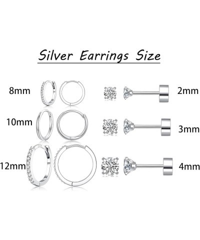 6 Pairs Sterling Silver Earrings Sets for Multiple Piercing Small Silver Huggie Hoop Earrings Flat Back Surgical Steel Tiny C...