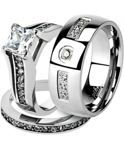 His and Her Stainless Steel 2.10 Carat Cubic Zirconia Bridal Ring Set and Men's Wedding Band Women's Size 06 Men's Size 05 $1...