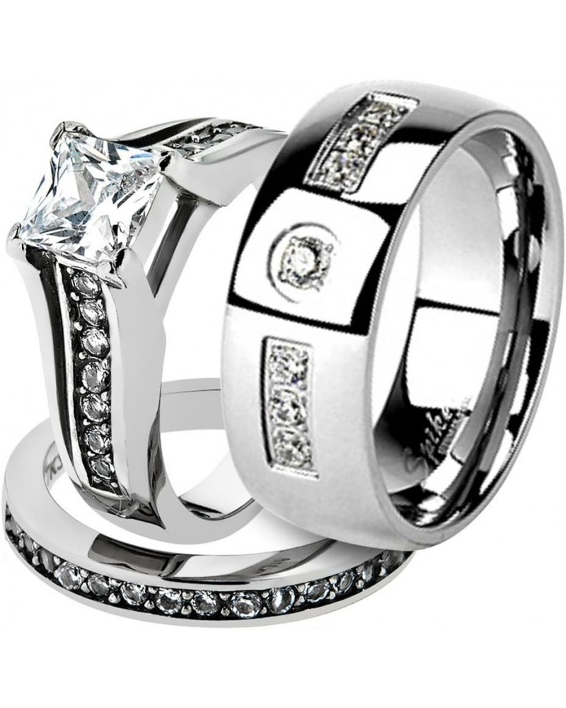 His and Her Stainless Steel 2.10 Carat Cubic Zirconia Bridal Ring Set and Men's Wedding Band Women's Size 06 Men's Size 05 $1...