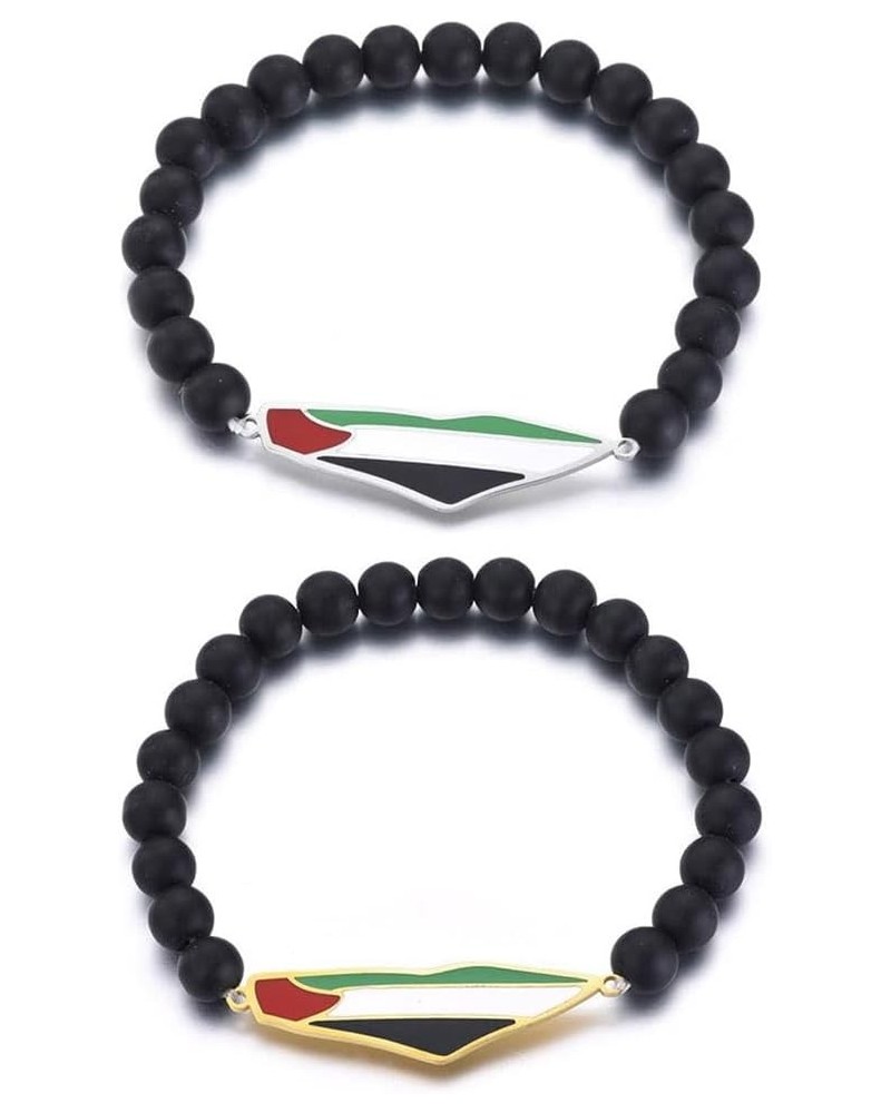 Palestine Bracelet, Handmade Beaded Palestinian Flag String Thread Bracelets, Black Beads Wrap Bangles for Men Women 2pcs mix...