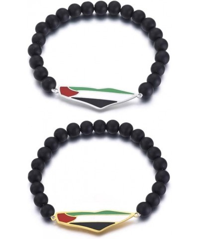 Palestine Bracelet, Handmade Beaded Palestinian Flag String Thread Bracelets, Black Beads Wrap Bangles for Men Women 2pcs mix...