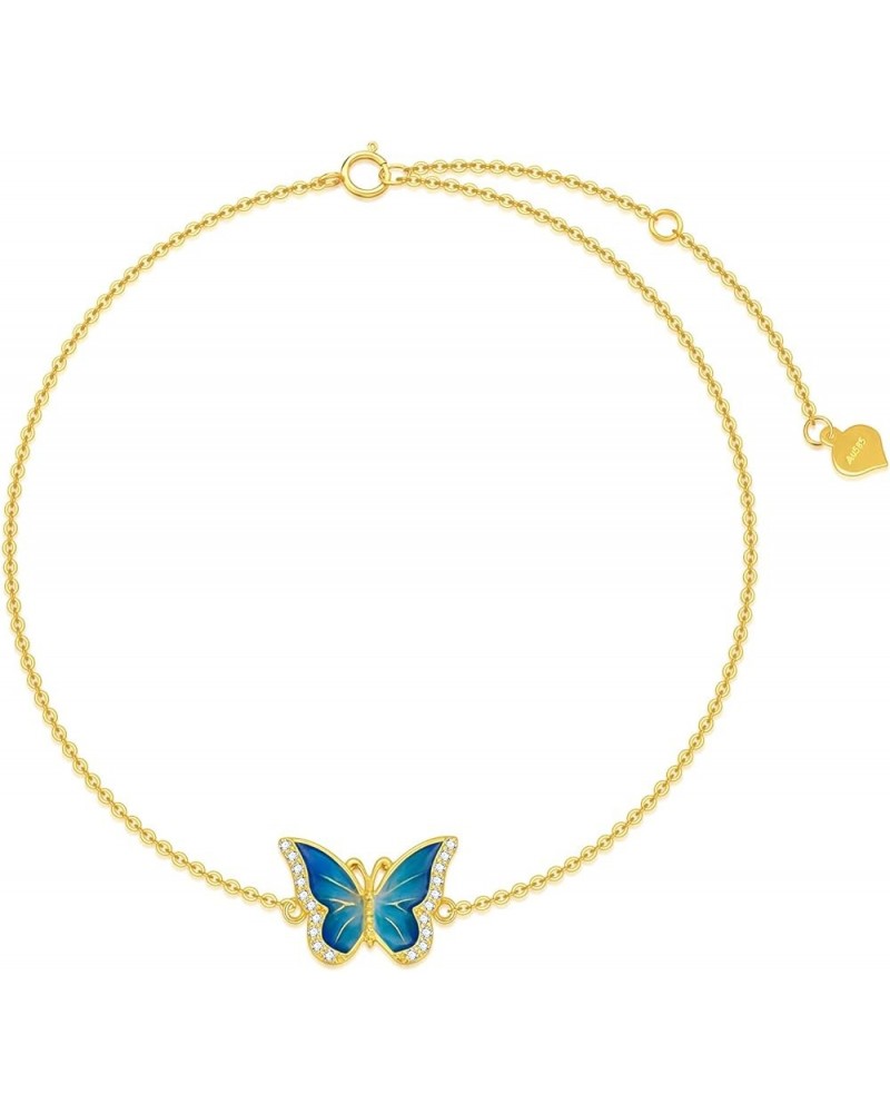 Real 14k Gold Blue Butterfly Anklet for Women, Solid 14 Karat Gold Animal Lover Ankle Bracelet Jewelry Gifts for Her, 9.4"+0....