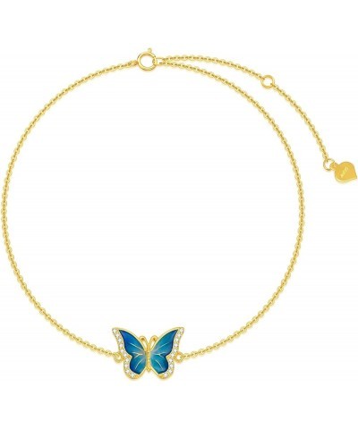 Real 14k Gold Blue Butterfly Anklet for Women, Solid 14 Karat Gold Animal Lover Ankle Bracelet Jewelry Gifts for Her, 9.4"+0....