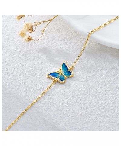 Real 14k Gold Blue Butterfly Anklet for Women, Solid 14 Karat Gold Animal Lover Ankle Bracelet Jewelry Gifts for Her, 9.4"+0....