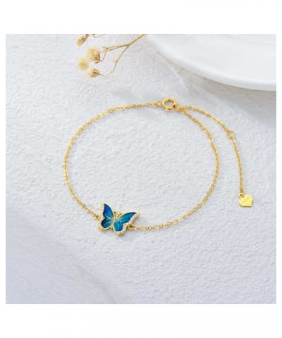 Real 14k Gold Blue Butterfly Anklet for Women, Solid 14 Karat Gold Animal Lover Ankle Bracelet Jewelry Gifts for Her, 9.4"+0....