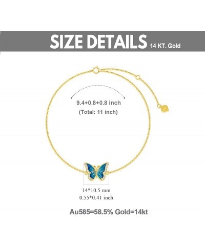 Real 14k Gold Blue Butterfly Anklet for Women, Solid 14 Karat Gold Animal Lover Ankle Bracelet Jewelry Gifts for Her, 9.4"+0....