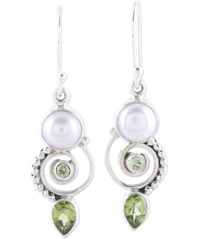 Handmade .925 Sterling Silver Cultured Freshwater Pearl Peridot Dangle Earrings India Gemstone Birthstone [1.7 in L x 0.4 in ...