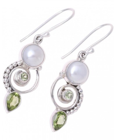 Handmade .925 Sterling Silver Cultured Freshwater Pearl Peridot Dangle Earrings India Gemstone Birthstone [1.7 in L x 0.4 in ...