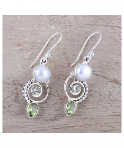 Handmade .925 Sterling Silver Cultured Freshwater Pearl Peridot Dangle Earrings India Gemstone Birthstone [1.7 in L x 0.4 in ...