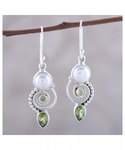 Handmade .925 Sterling Silver Cultured Freshwater Pearl Peridot Dangle Earrings India Gemstone Birthstone [1.7 in L x 0.4 in ...