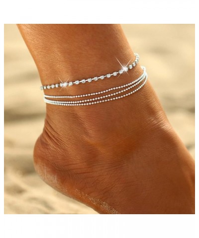 2023 New Boho Four Layer Gold Anklets for Women Rhinestone Beads Pendant Foot Chains Beach Bracelet (Gold, One Size) Silver O...