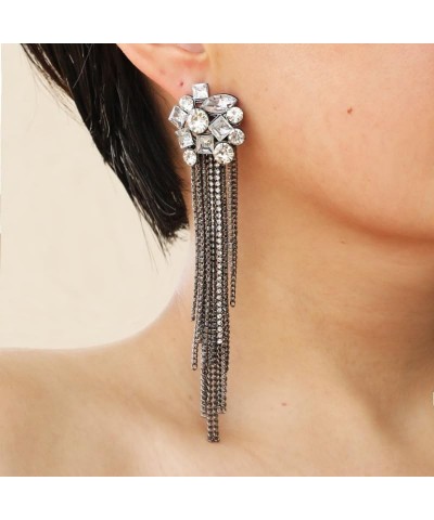 Big CZ Crystal Black Chain Long Tassel Earrings for Women, Sparkly Rhinestone Chandelier Tassel Earrings, Exaggerated Geometr...