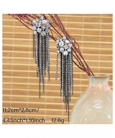 Big CZ Crystal Black Chain Long Tassel Earrings for Women, Sparkly Rhinestone Chandelier Tassel Earrings, Exaggerated Geometr...