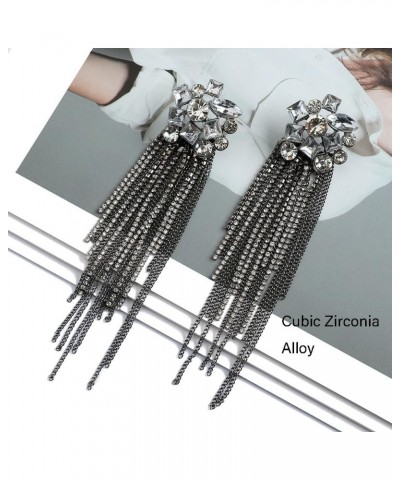 Big CZ Crystal Black Chain Long Tassel Earrings for Women, Sparkly Rhinestone Chandelier Tassel Earrings, Exaggerated Geometr...