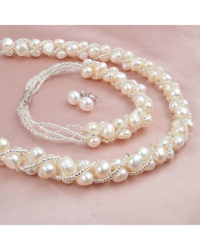 Natural Freshwater Pearl Jewelry Sets Hand-knitted Necklace Bracelet 925 Silver Earrings For Women A-white $29.99 Jewelry Sets