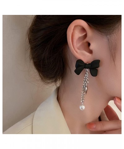 Black Bow Stud Silver Heart Pendant Pearl Tassel Earrings for Women Girls Punk Dangle Drop Jewelry for Party $7.49 Earrings