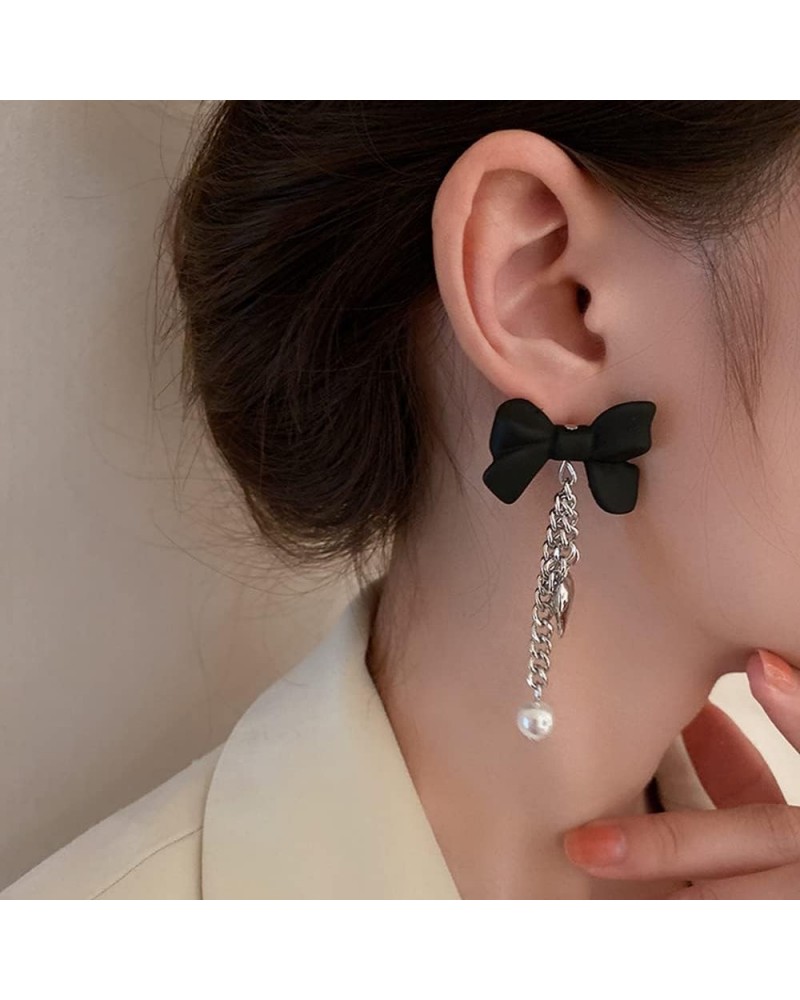 Black Bow Stud Silver Heart Pendant Pearl Tassel Earrings for Women Girls Punk Dangle Drop Jewelry for Party $7.49 Earrings