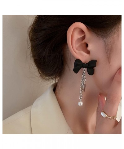 Black Bow Stud Silver Heart Pendant Pearl Tassel Earrings for Women Girls Punk Dangle Drop Jewelry for Party $7.49 Earrings