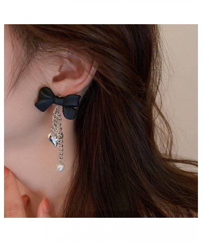 Black Bow Stud Silver Heart Pendant Pearl Tassel Earrings for Women Girls Punk Dangle Drop Jewelry for Party $7.49 Earrings