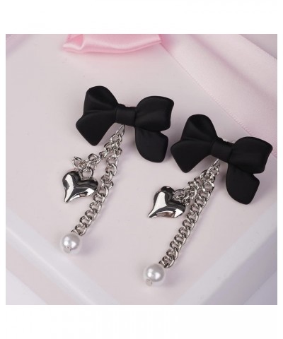 Black Bow Stud Silver Heart Pendant Pearl Tassel Earrings for Women Girls Punk Dangle Drop Jewelry for Party $7.49 Earrings