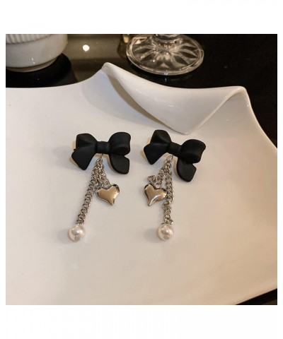 Black Bow Stud Silver Heart Pendant Pearl Tassel Earrings for Women Girls Punk Dangle Drop Jewelry for Party $7.49 Earrings