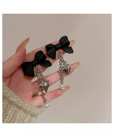 Black Bow Stud Silver Heart Pendant Pearl Tassel Earrings for Women Girls Punk Dangle Drop Jewelry for Party $7.49 Earrings