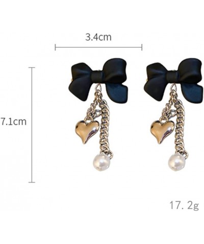 Black Bow Stud Silver Heart Pendant Pearl Tassel Earrings for Women Girls Punk Dangle Drop Jewelry for Party $7.49 Earrings