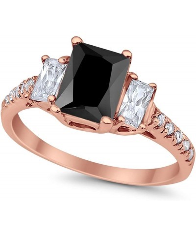 Emerald Cut Three Stone Wedding Engagement Ring Round Cubic Zirconia 925 Sterling Silver Rose Tone, Simulated Black CZ $12.41...